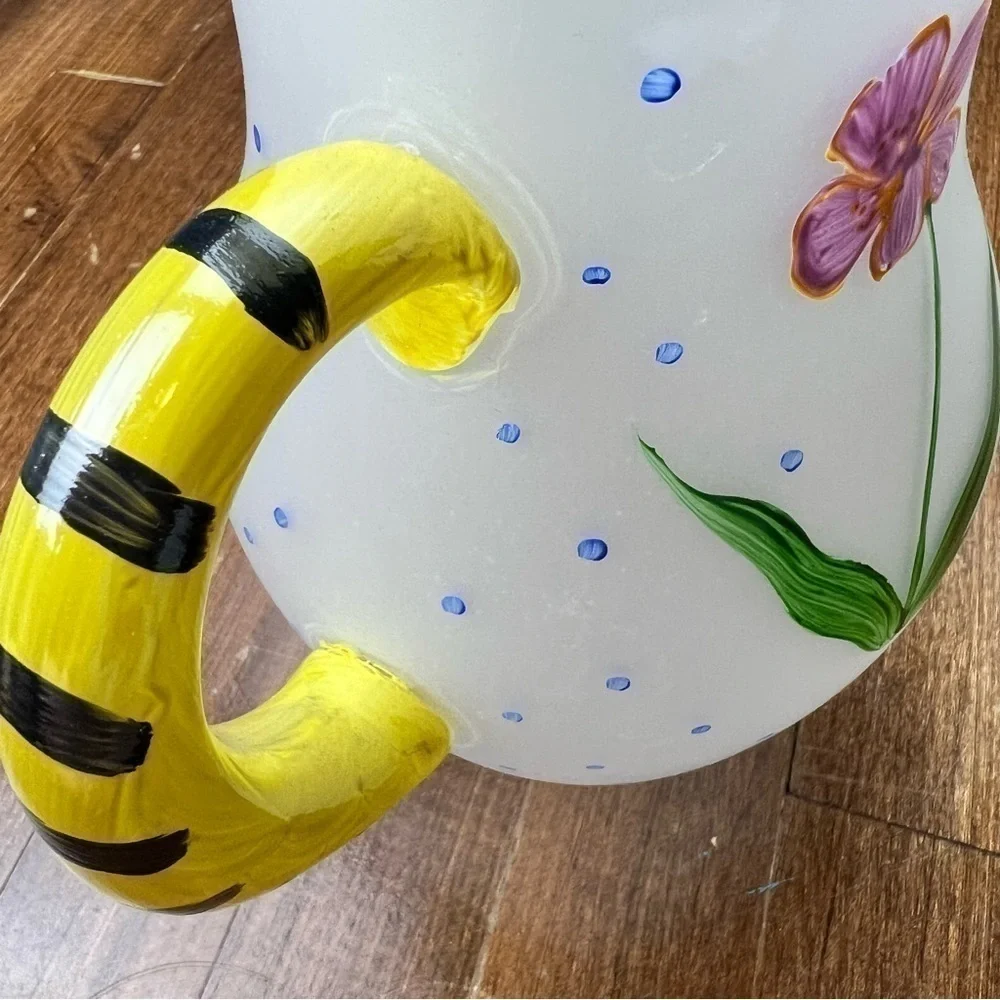 Flora Hand Painted Glass Pitcher 64 oz. Floral VTG Coastal Cottage Grandmother